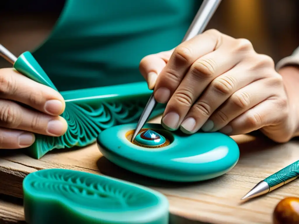 Artesano tallando turquesa: belleza y destreza Un artesano experto talla con destreza una piedra turquesa, mostrando influencia cultural en ferias minerales