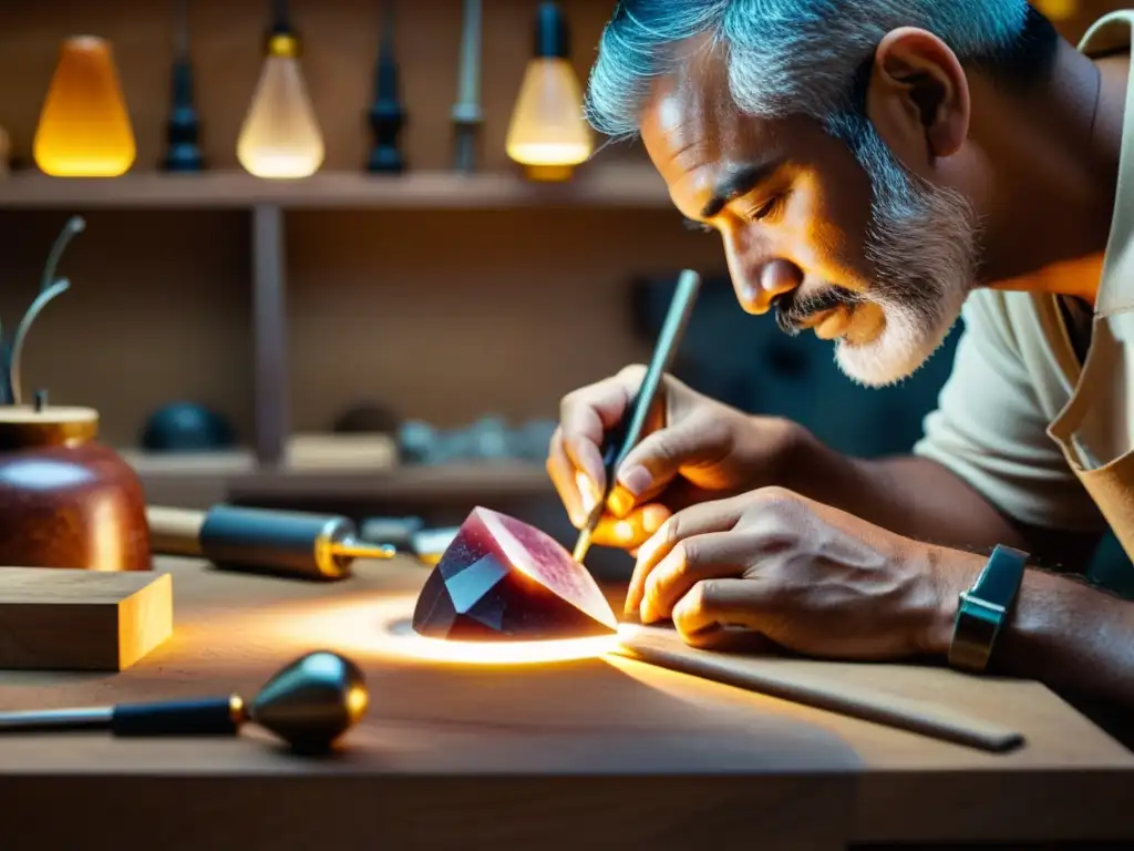 Artesano tallando una gema: precisión y destreza Un artesano experto talla con destreza una gema cruda, rodeado de herramientas en un taller iluminado cálidamente