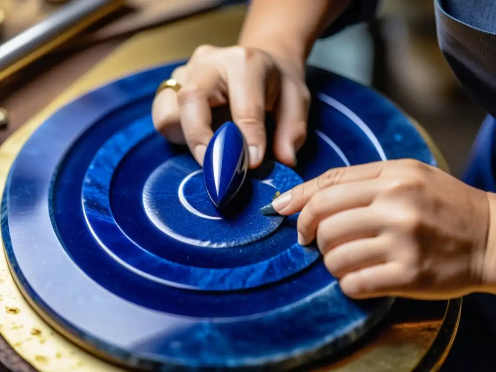 Un artesano experto talla con precisión una lapislázuli, resaltando sus patrones azules y dorados