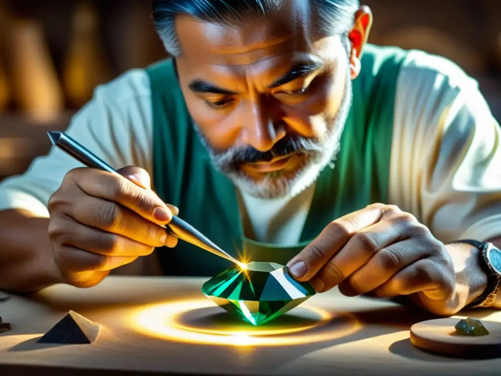 Un artesano experto talla con precisión una piedra preciosa en un taller lleno de gemas y herramientas, mostrando el viaje de las gemas en óptica