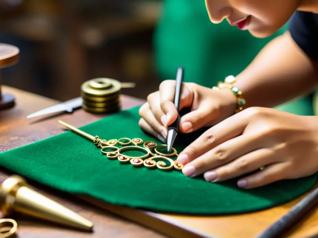 Un artesano experto elabora joyería en un taller tradicional, destacando la precisión y la belleza de la artesanía