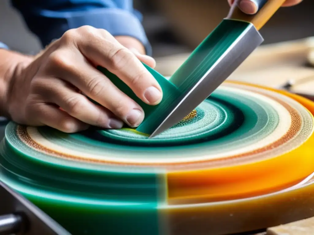 Un artesano experto utiliza la técnica de corte de cabujón en piedras semipreciosas, revelando colores y patrones vibrantes