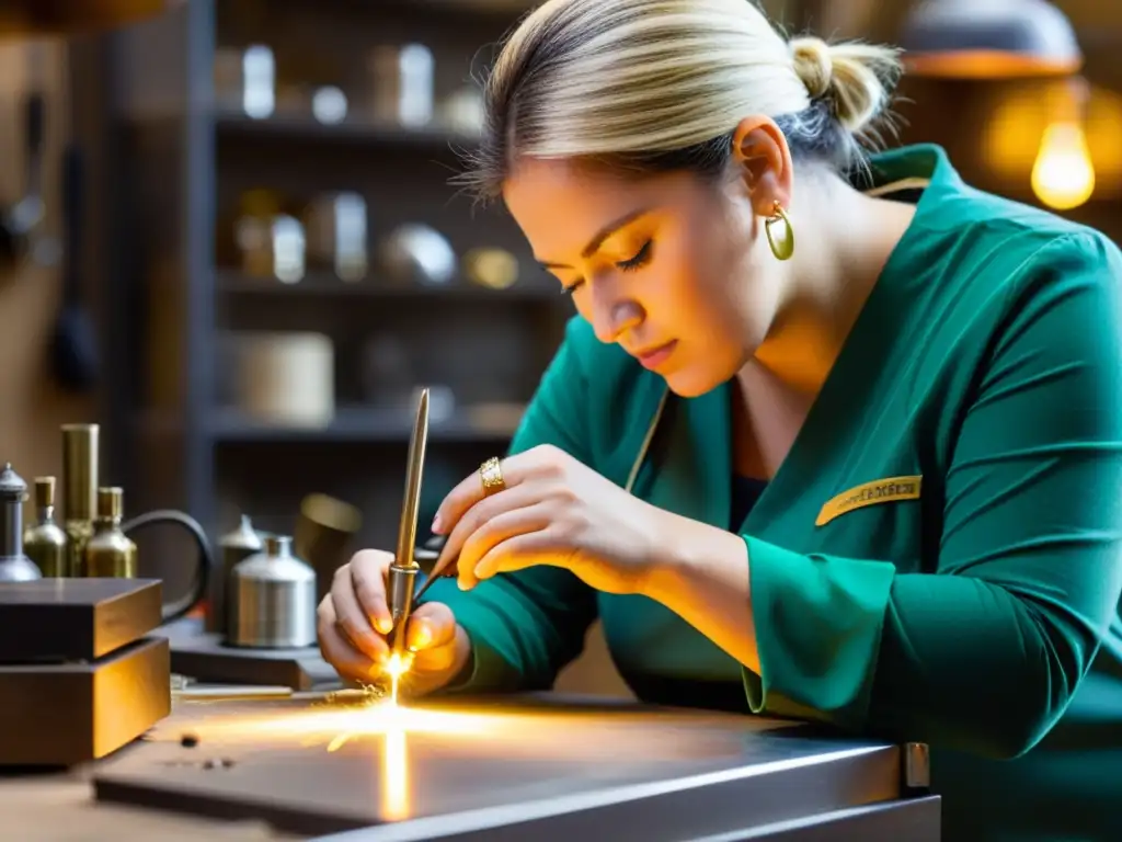 Un artesano de joyería soldando filigrana de oro en un taller de joyería, con un ambiente cálido y humeante