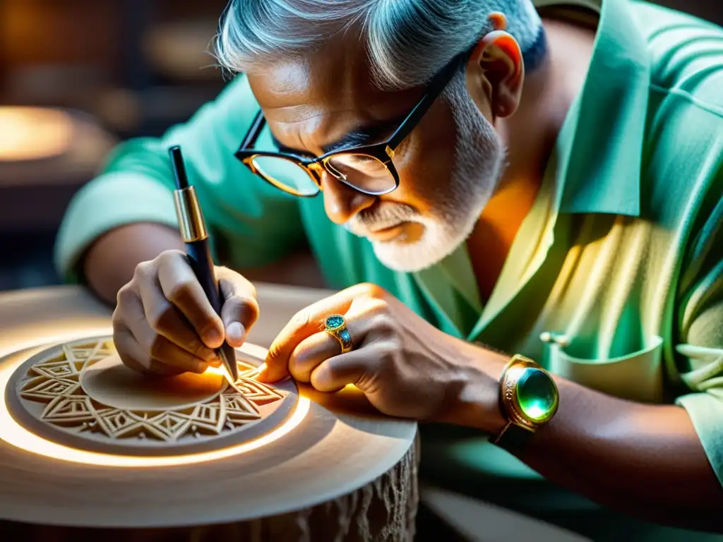 Artesano tallando detalladamente una gema preciosa, reflejando dedicación y destreza para el branding en el sector de gemas