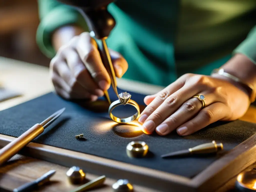 Un artesano habilidoso crea un anillo de diamantes en un taller tradicional, destacando la artesanía de las joyerías locales