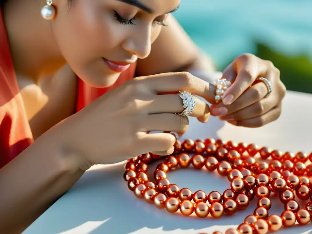 Un artesano habilidoso ensarta una perla en un collar de coral, evocando elegancia y precisión en talleres especializados joyería perlas corales