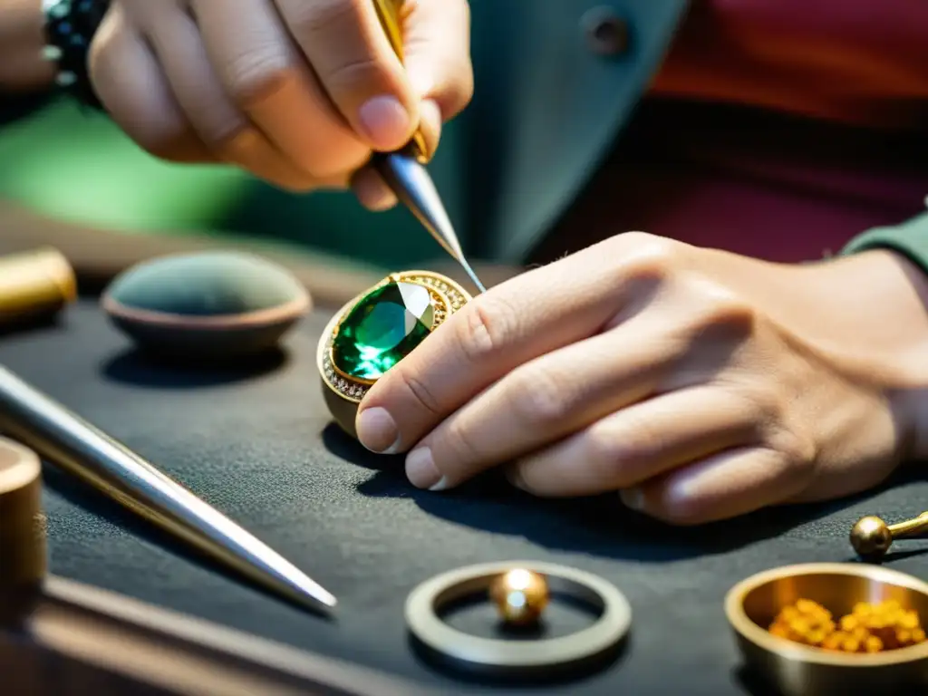 Artesano experto crea joyería ética con precisión Un artesano crea una joya ética con detalle y destreza, reflejando la belleza de la gemología y la reflexión en la joyería