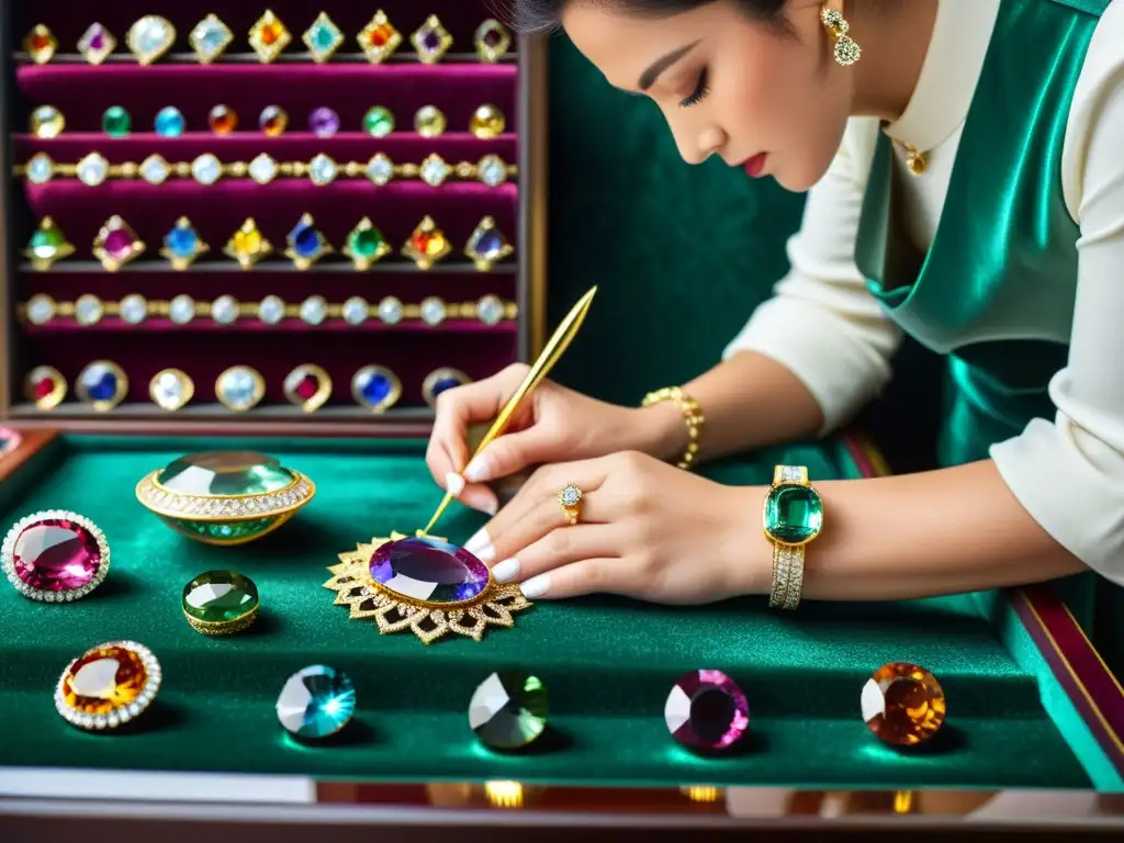 Un artesano de joyas experto exhibe con cuidado una impresionante colección de gemas y metalistería en una elegante vitrina