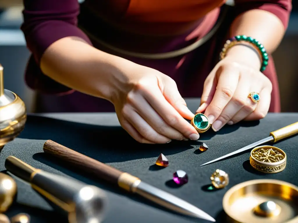 Artesano creando joyería fina de forma responsable y sostenible, destacando la artesanía y la conciencia ambiental en la producción de joyas