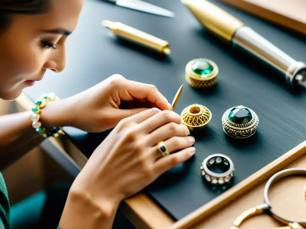 Un artesano crea joyería fina con gemas y metales reciclados, en un taller iluminado y sostenible