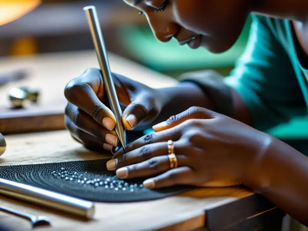 Artesano creando joyería con materiales éticos en un taller iluminado