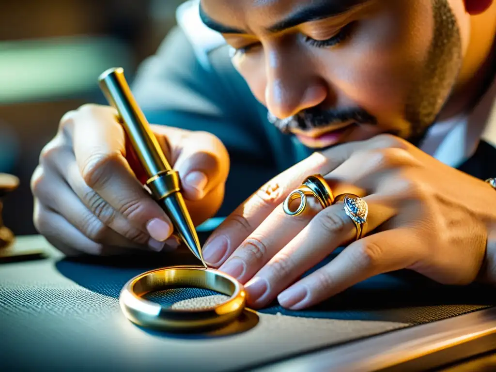 Artesano de joyería meticuloso crea una pieza única, destacando la artesanía y el posicionamiento en mercado de joyería