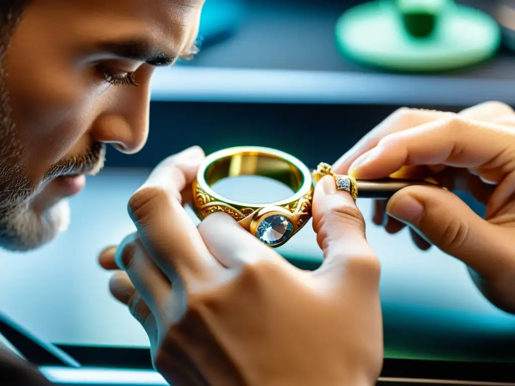 Un artesano de joyería modela con precisión un anillo de compromiso personalizado, fusionando el modelado 3D con la artesanía tradicional