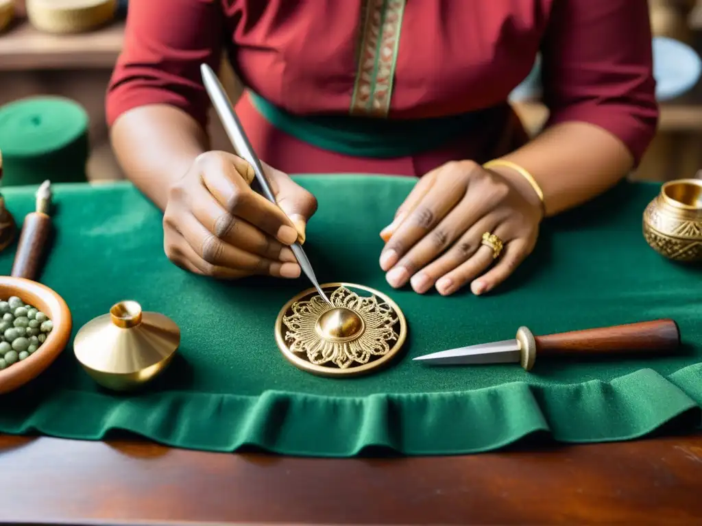 Artesano crea joyería única con influencia cultural, rodeado de herramientas y materiales