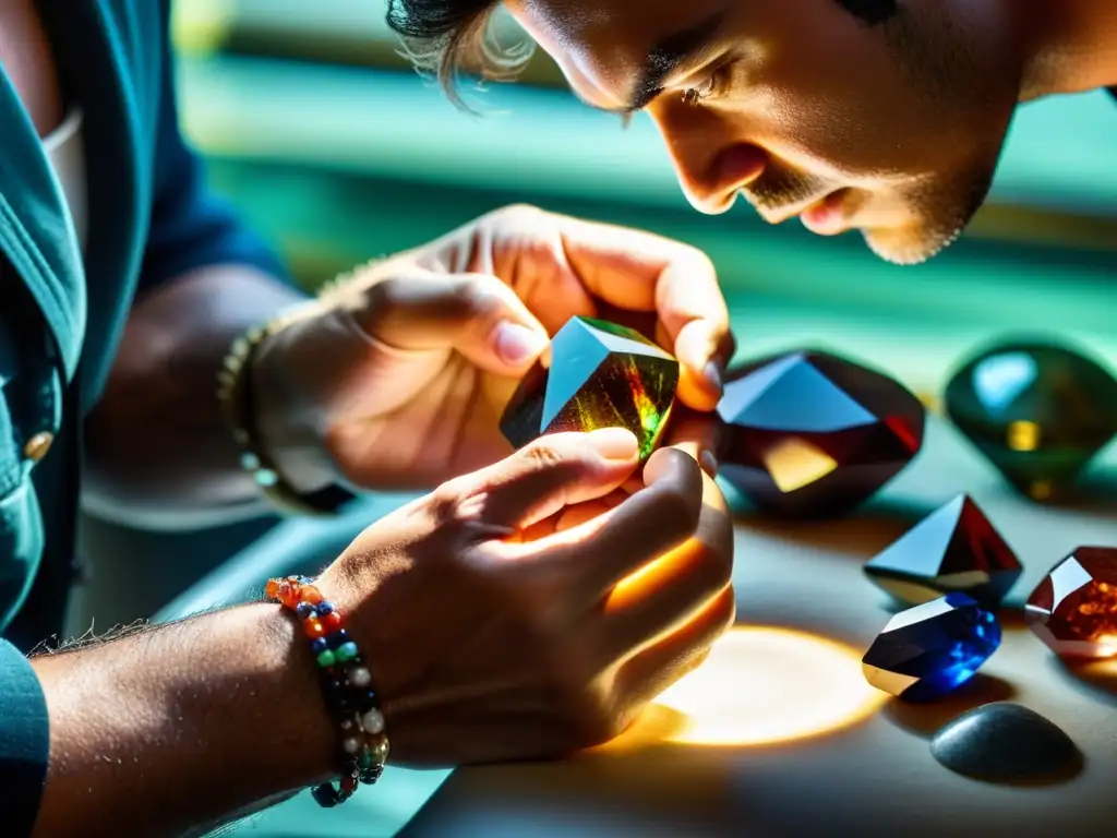 Un artesano lapidario selecciona y examina con precisión una piedra bruta bajo una intensa luz