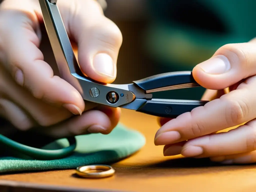 Artesano utilizando los mejores alicates joyería precisos duraderos para crear una joya única en un taller organizado y bien iluminado