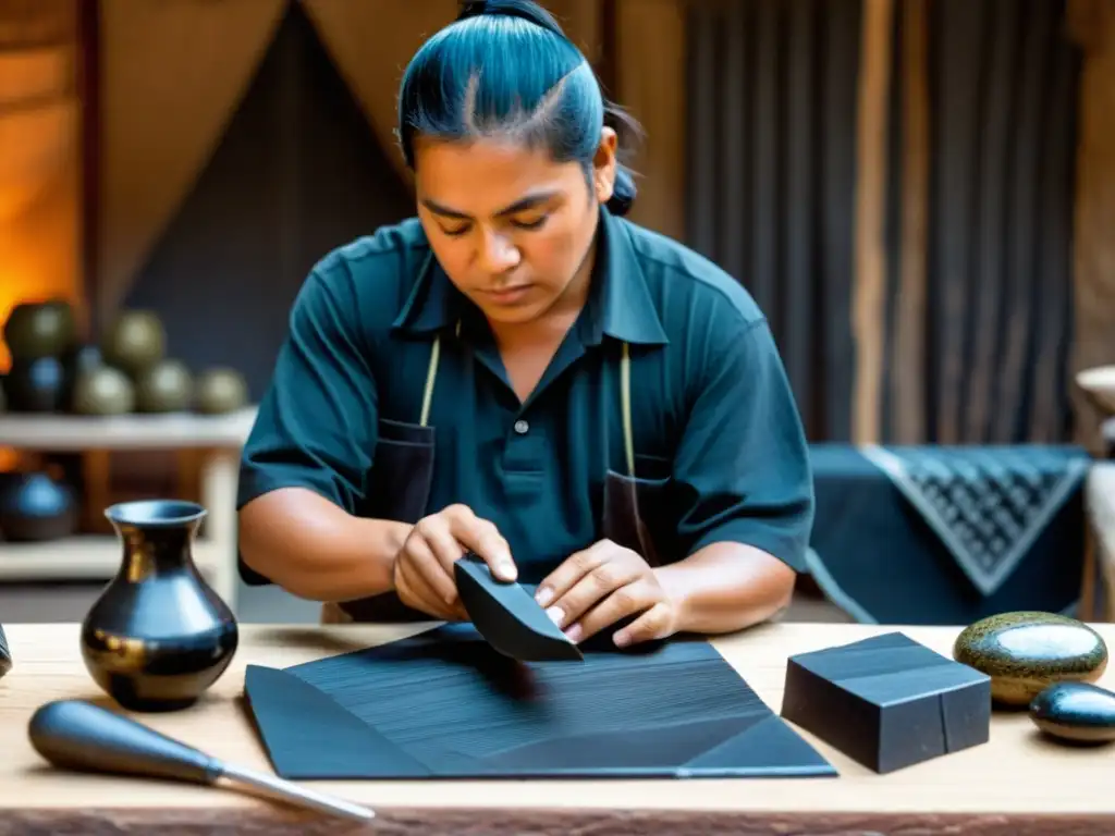 Artesano mesoamericano experto creando una navaja de obsidiana con herramientas tradicionales