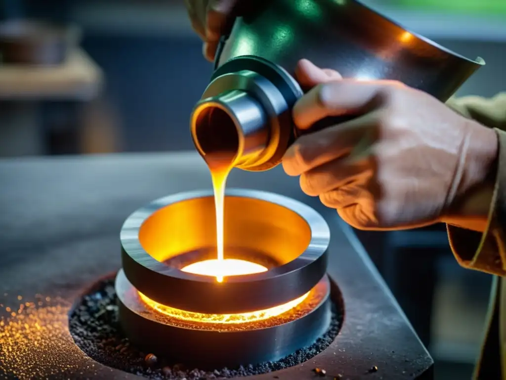 Un artesano vierte metal fundido en un molde detallado en un taller iluminado, mostrando la meticulosidad de la fundición de joyería