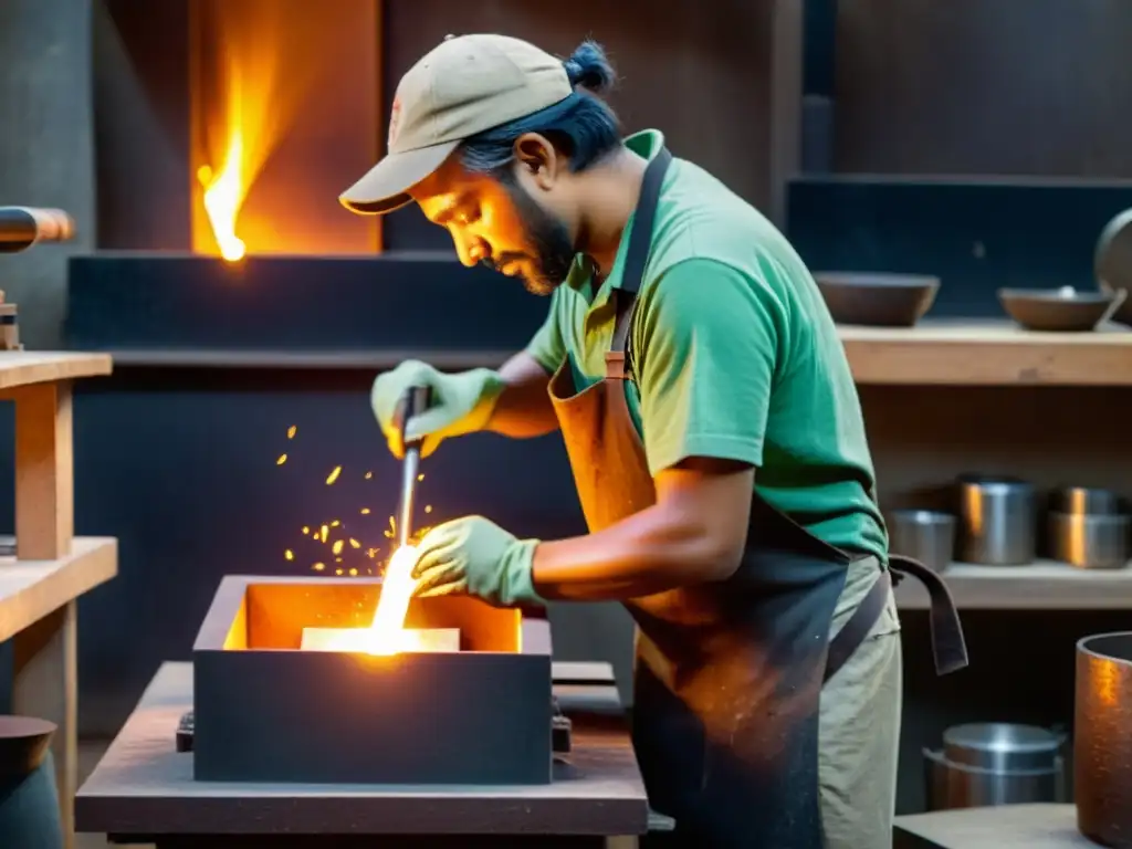 Un artesano vierte metal fundido en un molde en un taller de joyería, resaltando la precisión y arte de la fundición