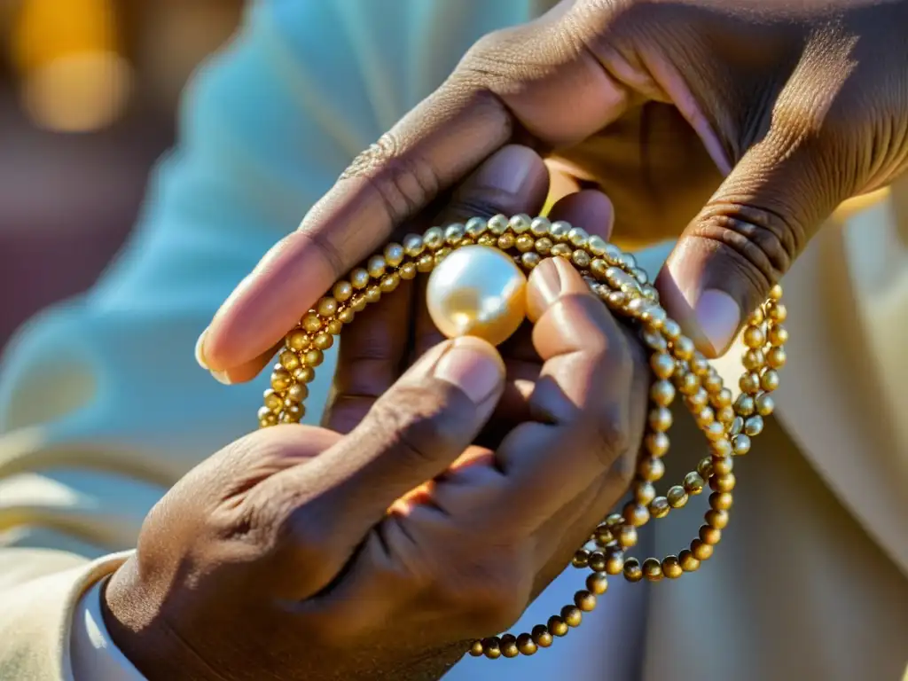 Un artesano hilando una perla de Bahrein en un collar dorado, revelando la tradición del Yacimiento de Perlas de Bahrein