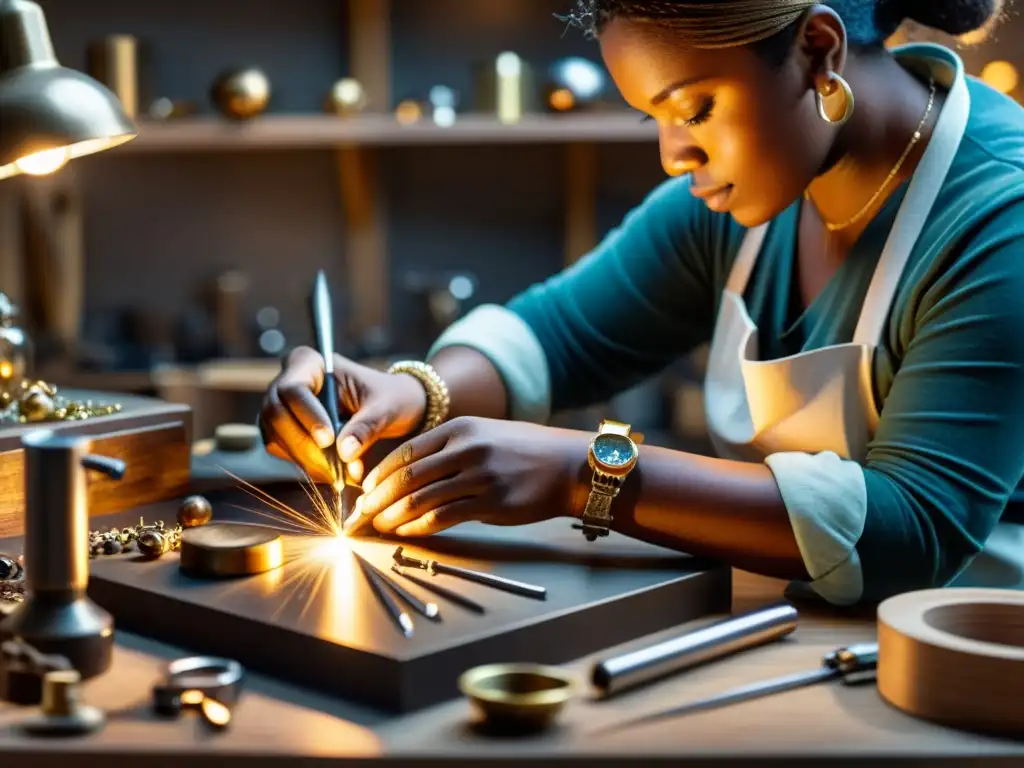 Un artesano de joyería meticulosamente crea una pieza delicada en su taller, iluminado por la luz enfocada