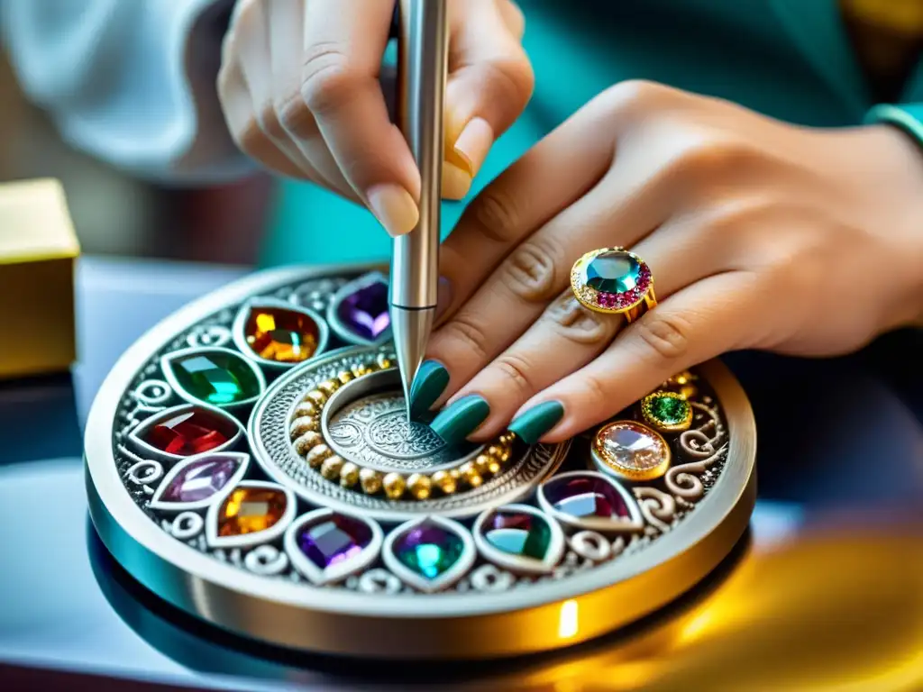 Un artesano de joyería talla con precisión un anillo de plata, rodeado de gemas y metales preciosos