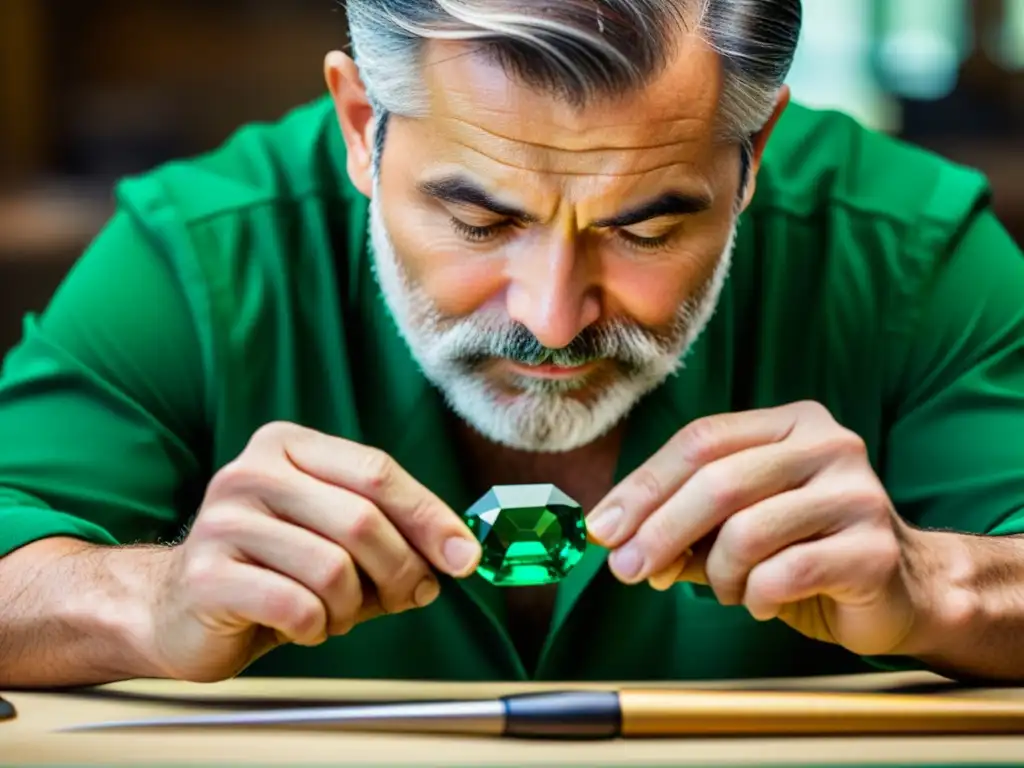 Un artesano examina con precisión una esmeralda, resaltando su color verde intenso y la habilidad artesanal