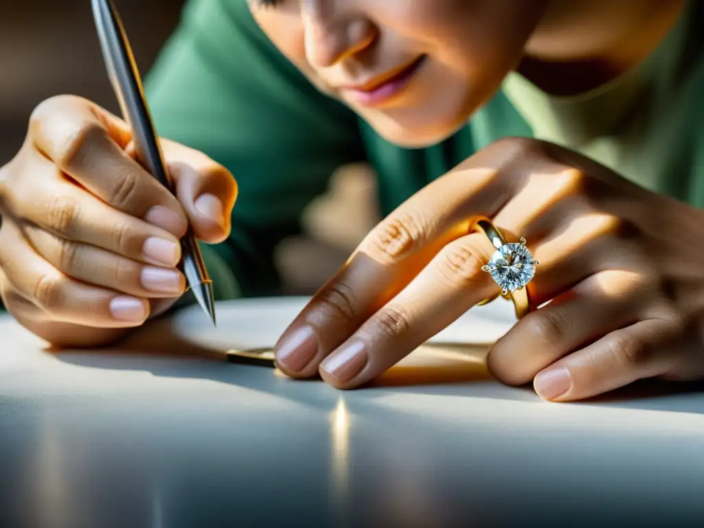 Artesano RJC certificación ética joyería inspecciona diamante en anillo de oro, exudando elegancia y precisión