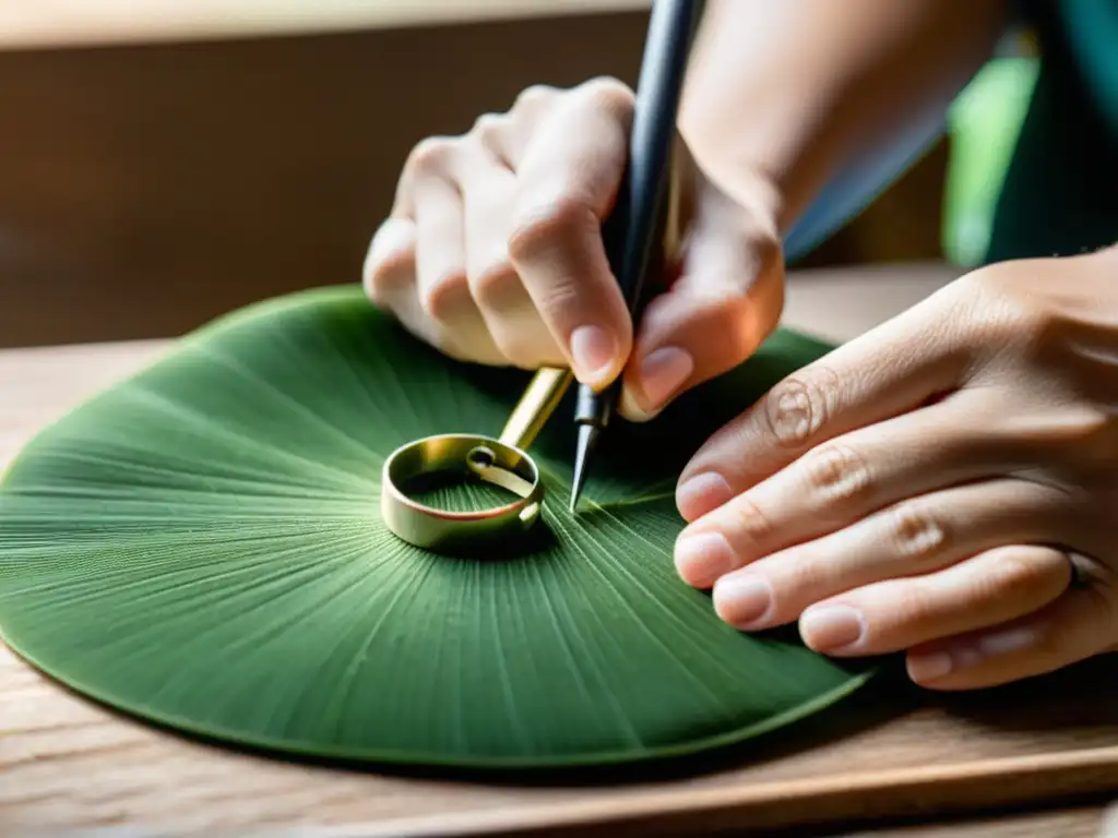 Un artesano crea joyería sostenible con precisión y cuidado en un taller ético, mostrando dedicación y artesanía