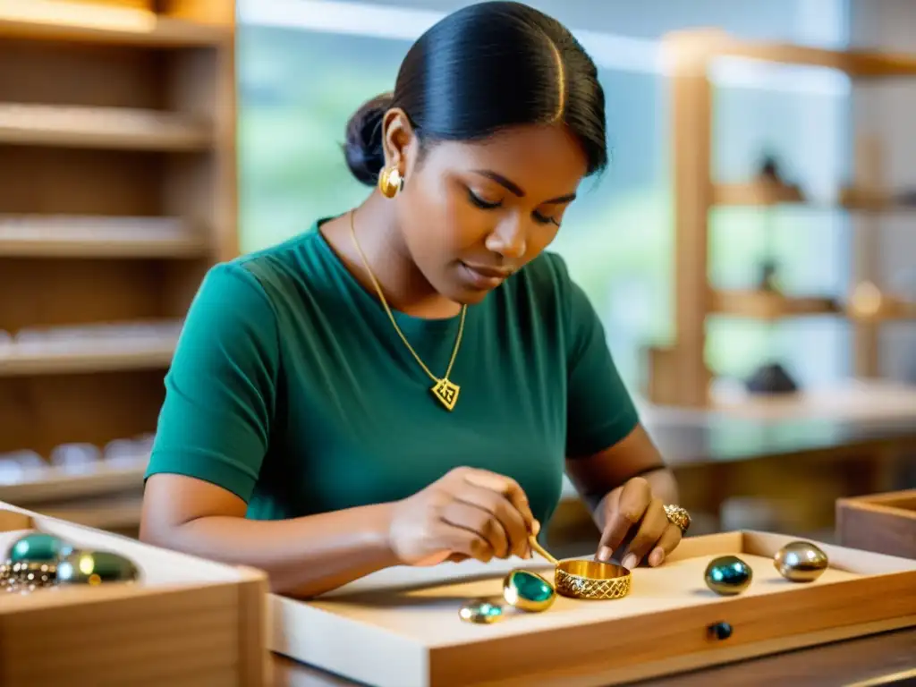 Artesano experto creando joyería sostenible con detalle Un artesano crea joyería sostenible, con materiales ecoamigables, en un taller iluminado con luz natural