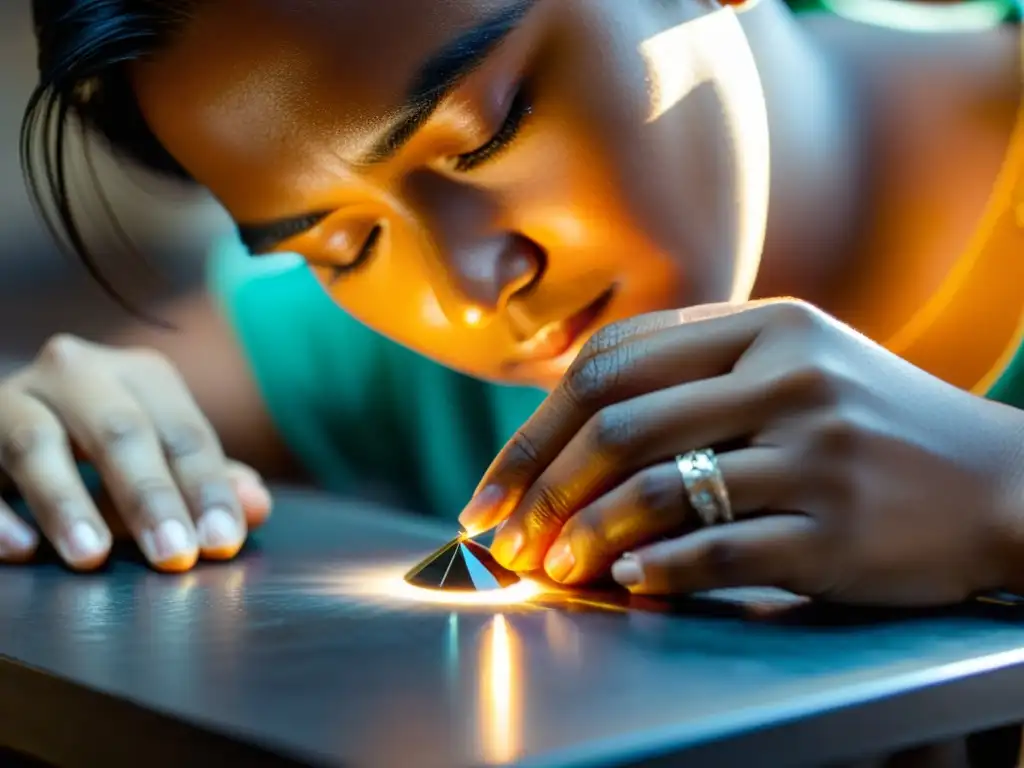 Un artesano hábil crea joyería ética y sostenible con precisión y dedicación en su taller, iluminado por una cálida luz