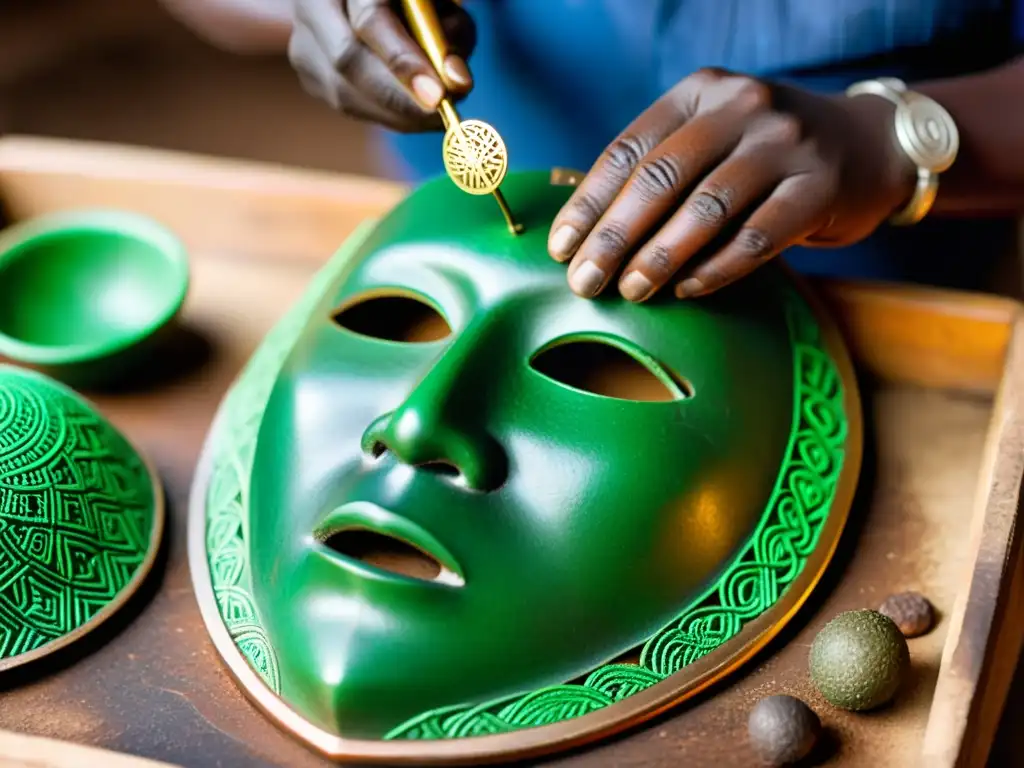 Artesano zambiano elaborando máscara ceremonial con malaquita y bronce, demostrando el comercio de malaquita y bronce en Zambia