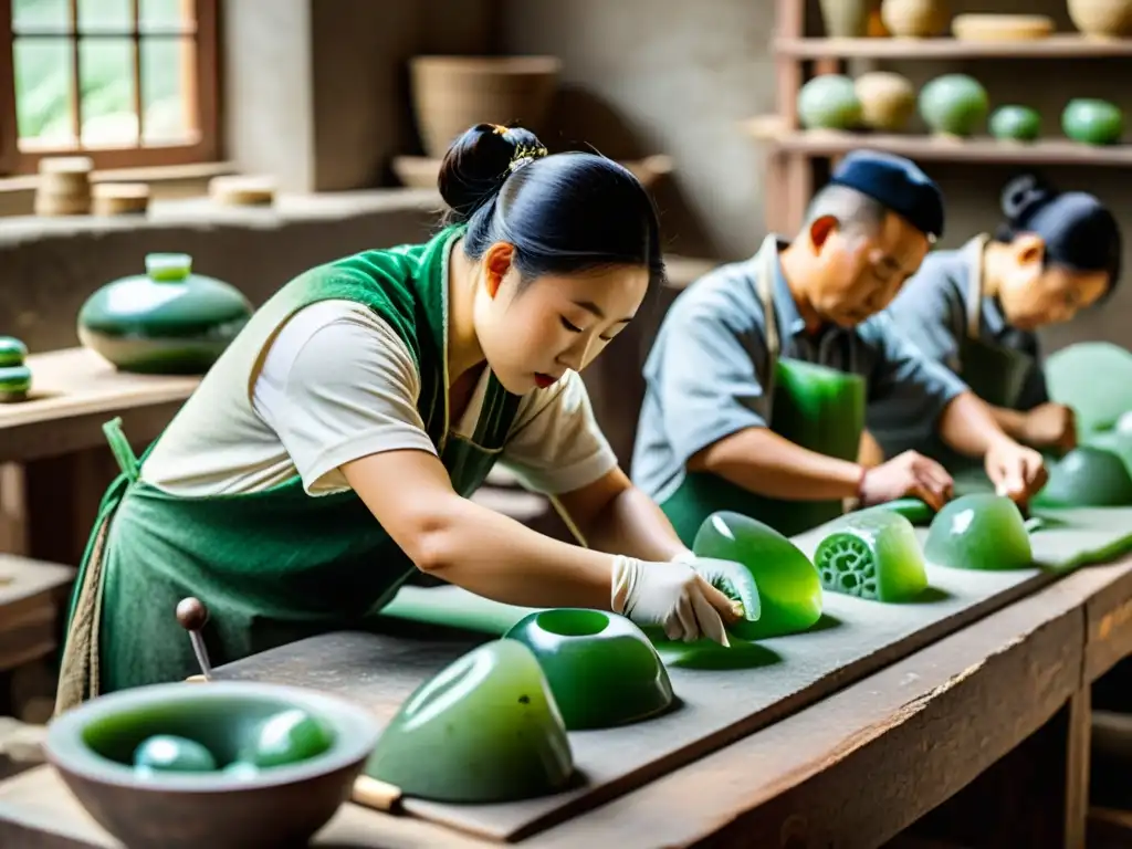 Artesanos chinos expertos tallan jade en un taller tradicional, mostrando la extracción de jade en China con detalles impresionantes