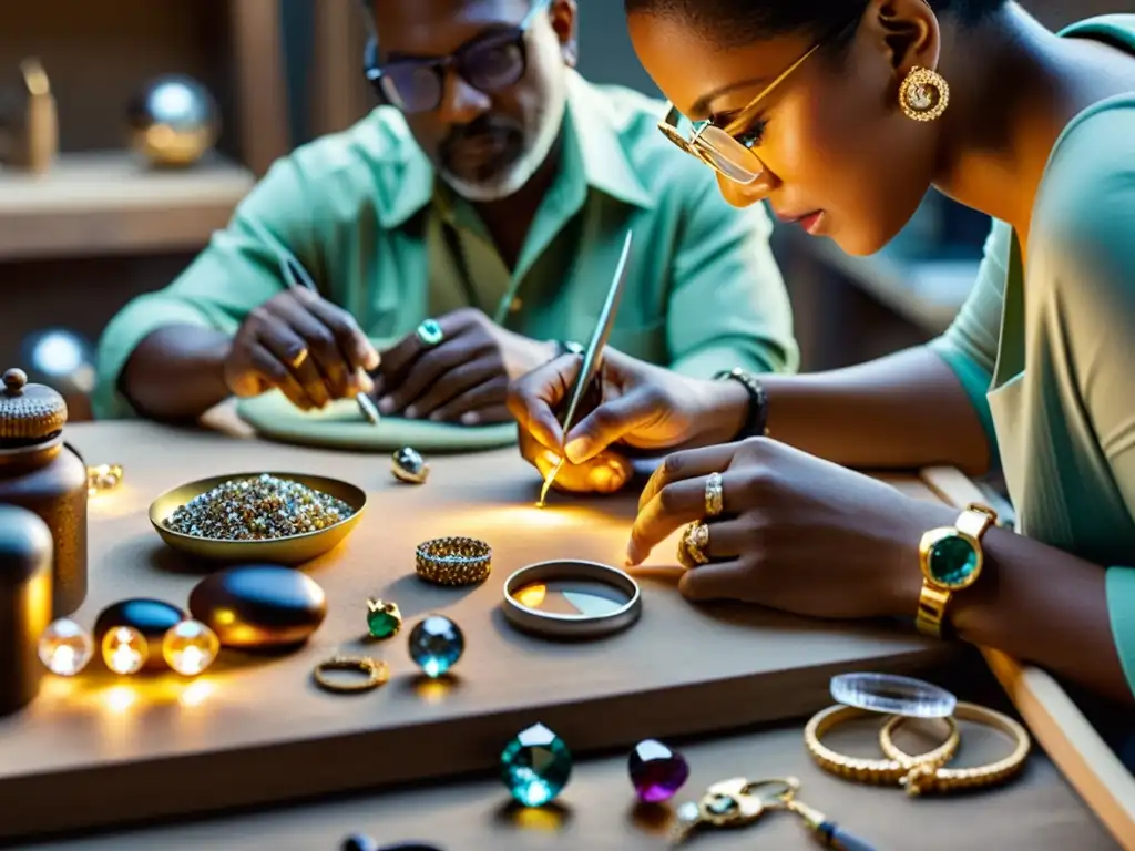 Artesanos de joyería examinan gemas y metales, discutiendo ideas en un ambiente cálido y detallista