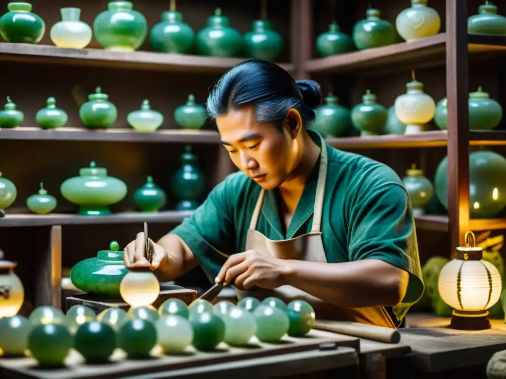 Artesanos tallando jade en un taller iluminado por linternas, destacando la extracción de jade en China