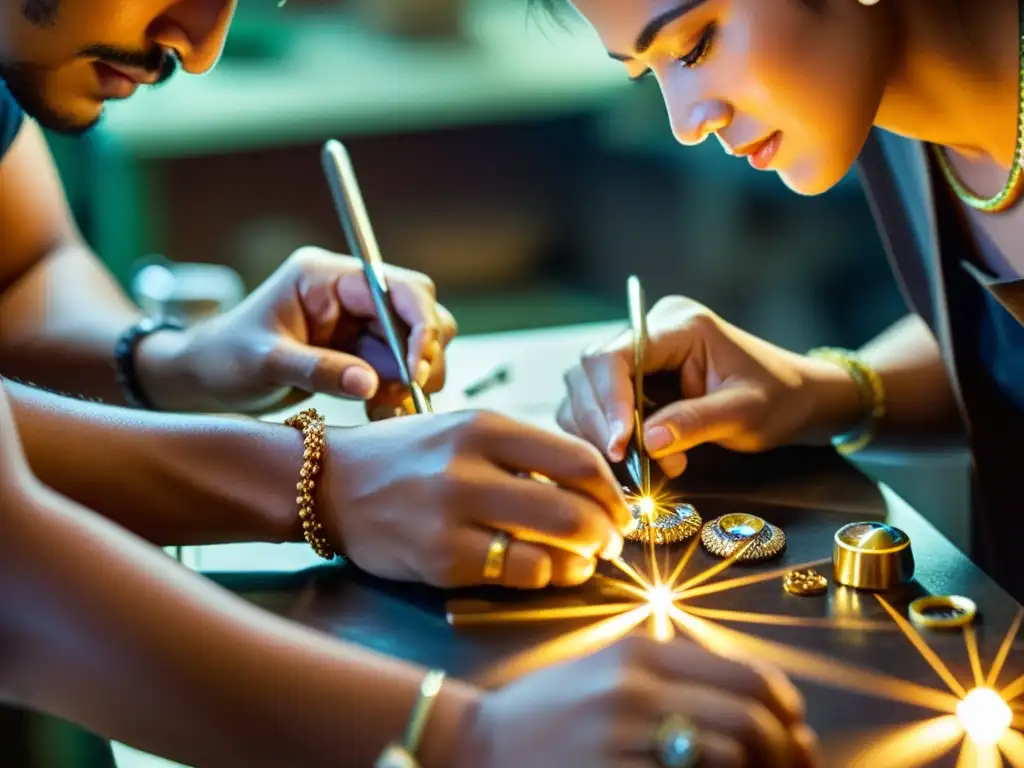 Artesanos creando joyas con responsabilidad social en taller iluminado