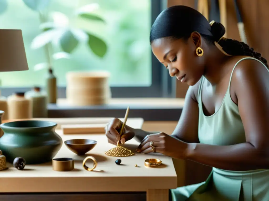 Artesanos creando joyas sostenibles con detalle Artesanos crean joyería ecoamigable en taller con luz natural, utilizando materiales sostenibles y estrategias verdes