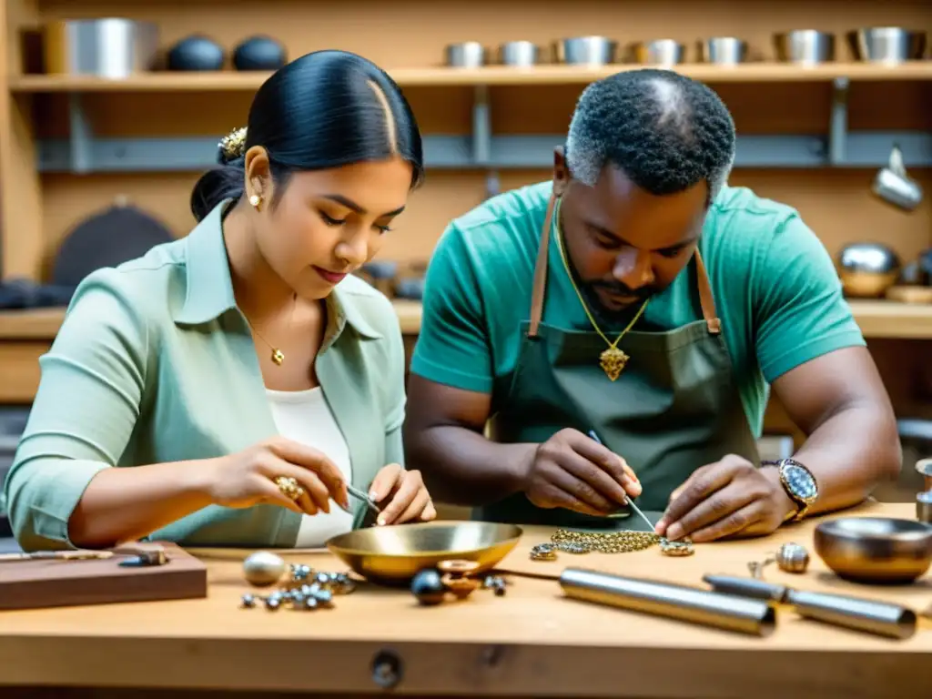 Dos artesanos de la joyería crean piezas intrincadas en un taller, mostrando la dedicación y habilidad en la industria joyera