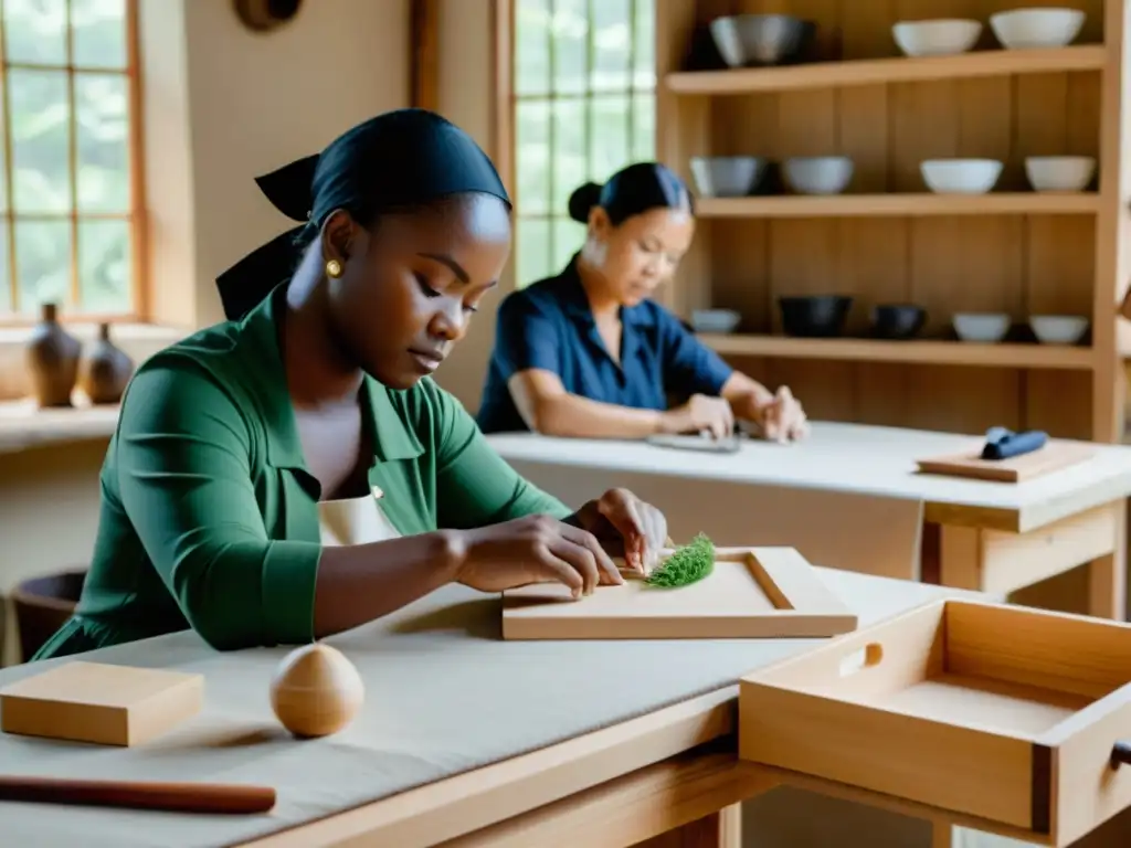 Atelier de joyería: Artesanos creando piezas sostenibles con maestría Artesanos de joyería crean piezas únicas en taller ecológico, mostrando la fusión de tradición y sostenibilidad
