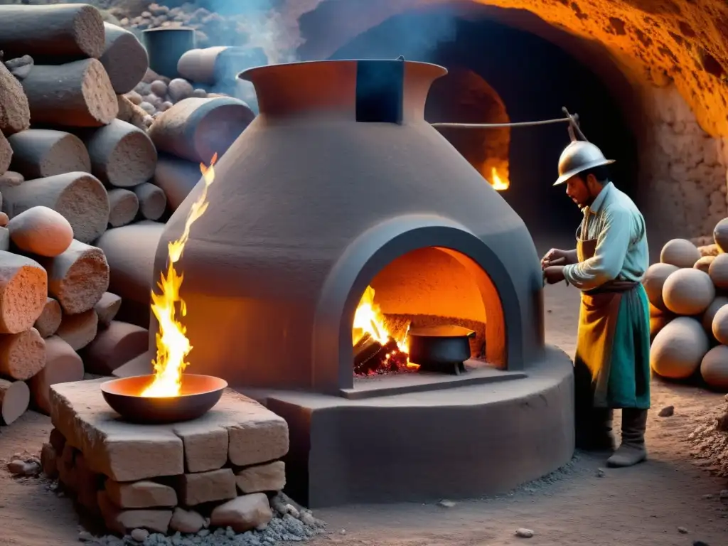 Artesanos monitorean el proceso de pirometalurgia en la minería ancestral, en un horno de arcilla y piedra, entre paisaje minero