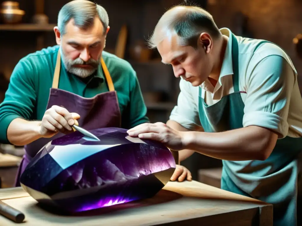 Artesanos rusos tallando con destreza una amatista en un taller tenue