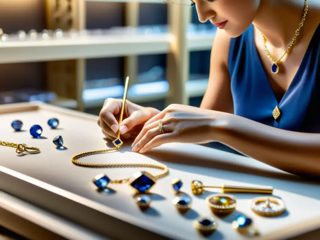 Artista de joyería crea un collar de diamantes y zafiros en taller iluminado por luz natural