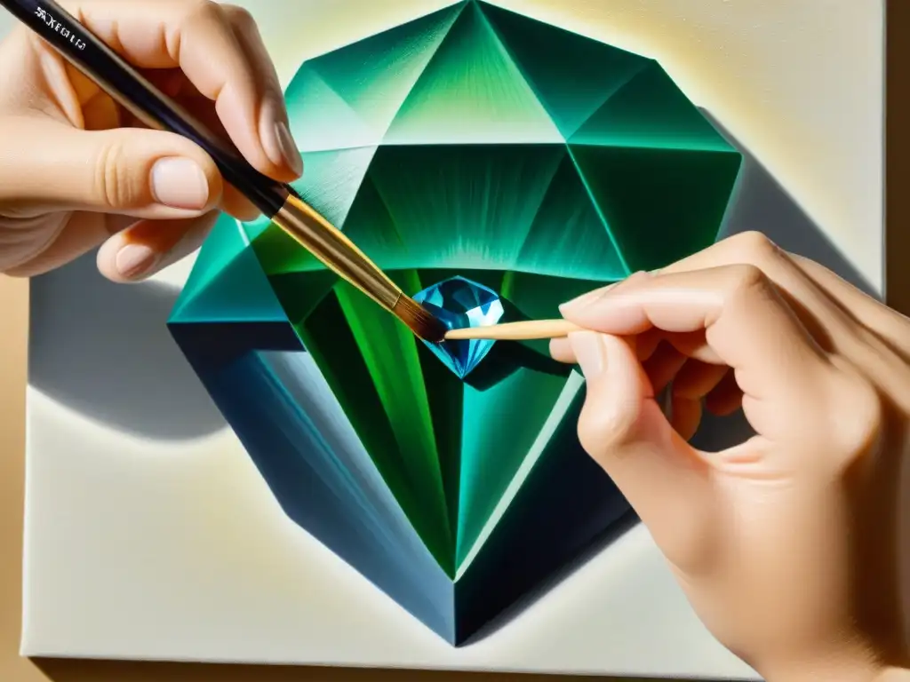 Un artista experto pinta con meticulosidad una representación realista de gemas en arte, capturando cada detalle con precisión