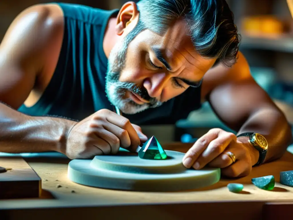 Un artista lapidario meticulosamente dando forma a una piedra preciosa con herramientas esenciales, capturando la artesanía detallada