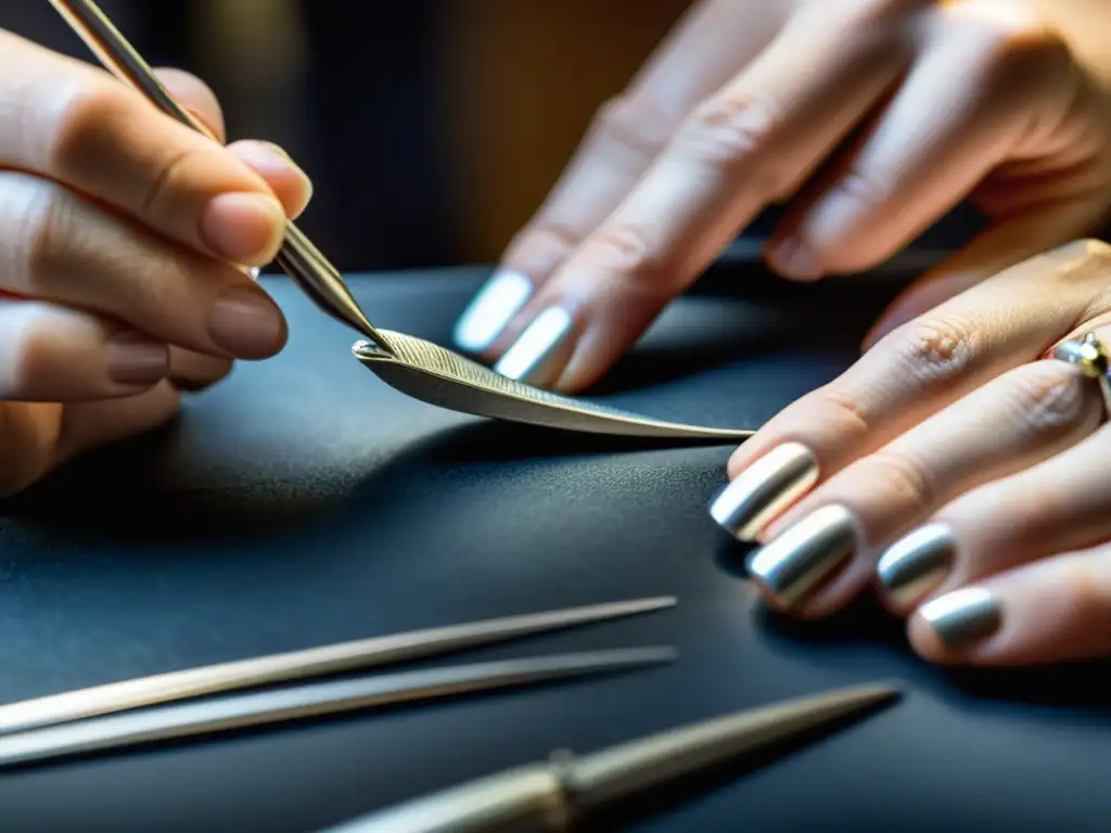 Un artista de joyería crea con precisión un collar de plata en su taller