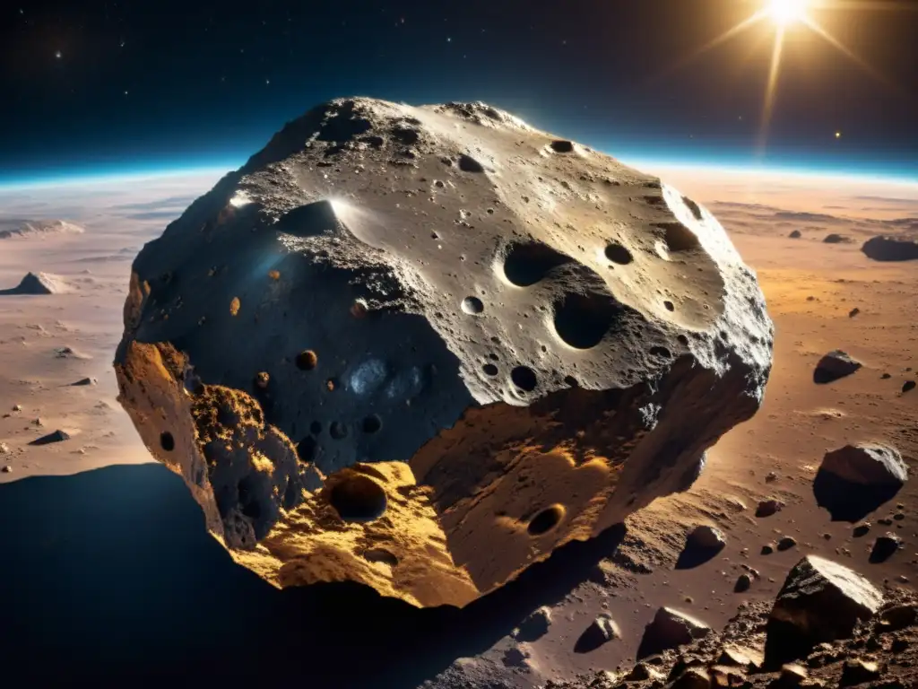 Un asteroide rico en minerales con una superficie rugosa y brillante, un tesoro en el espacio