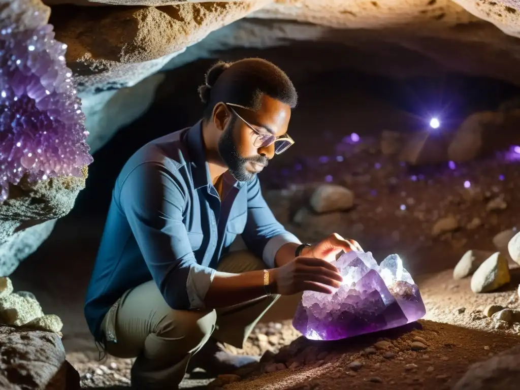 Un geólogo examina con atención una formación de amatista en una cueva subterránea, capturando la maravilla de invertir en minerales y gemas