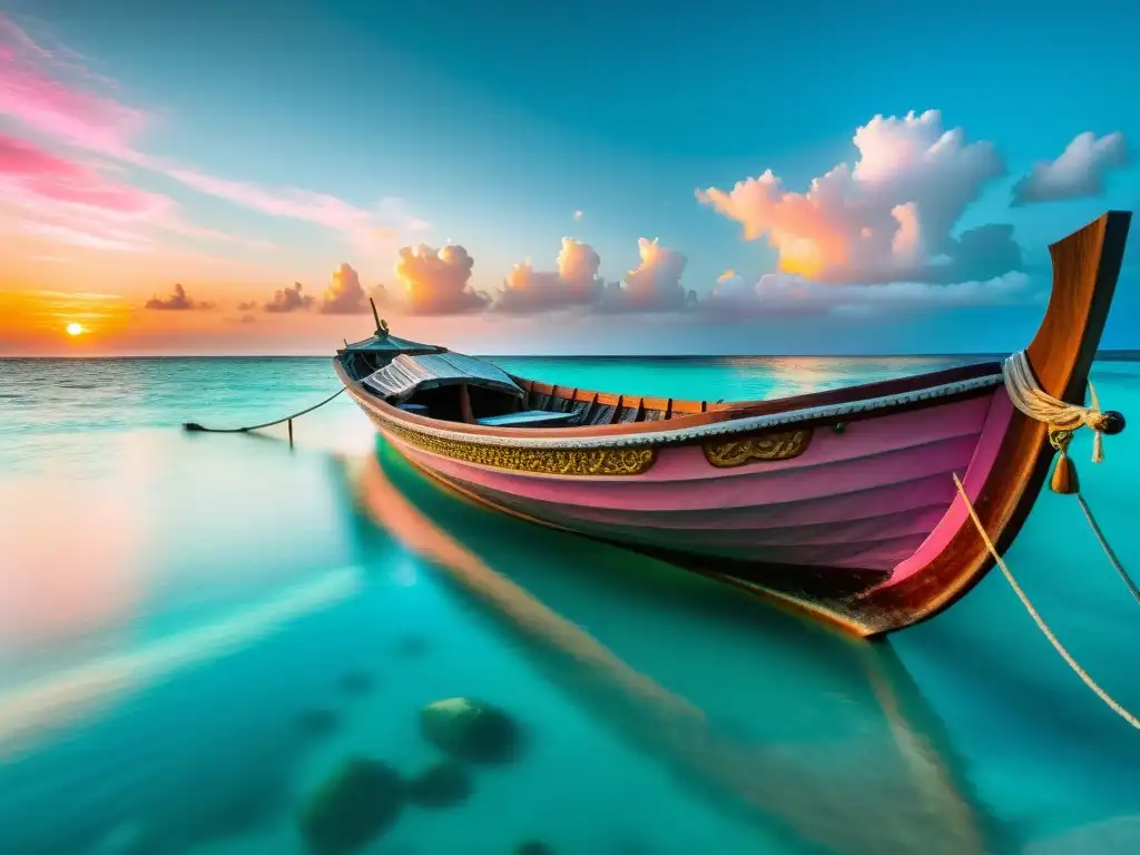 Un barco de buceo de perlas en aguas cristalinas del Golfo Pérsico, con carvings coloridos, y un atardecer espectacular