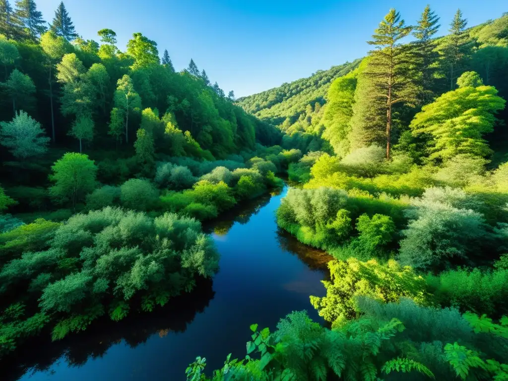 Un bosque exuberante y diverso renace en un paisaje minado, reflejando la reforestación en la recuperación de minas