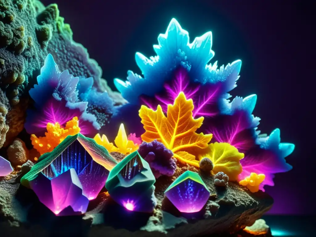 Brillante fluorescencia luminiscente de minerales bajo luz ultravioleta, deslumbrante y fascinante